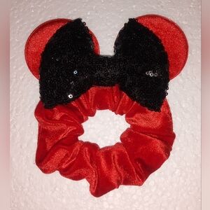 Mouse Ears Velvet Soft Plush Red Scrunchie With Black Shiny Sequin Bow